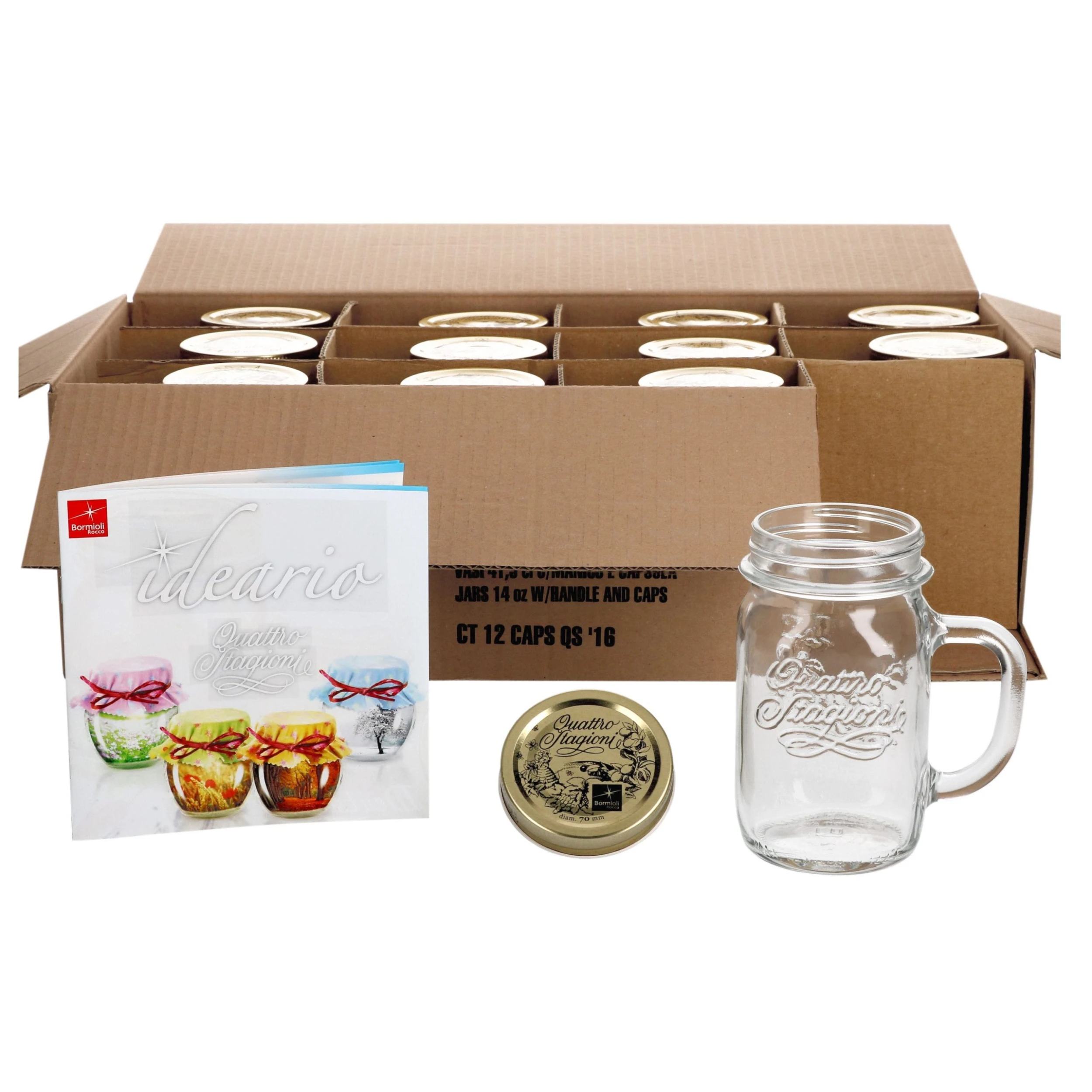 Null 4er Set Trinkglas Mit Henkel Und Deckel Original Quattro Stagioni Glas 0,415L - Inkl. Bormioli Rezeptheft – Bild 4