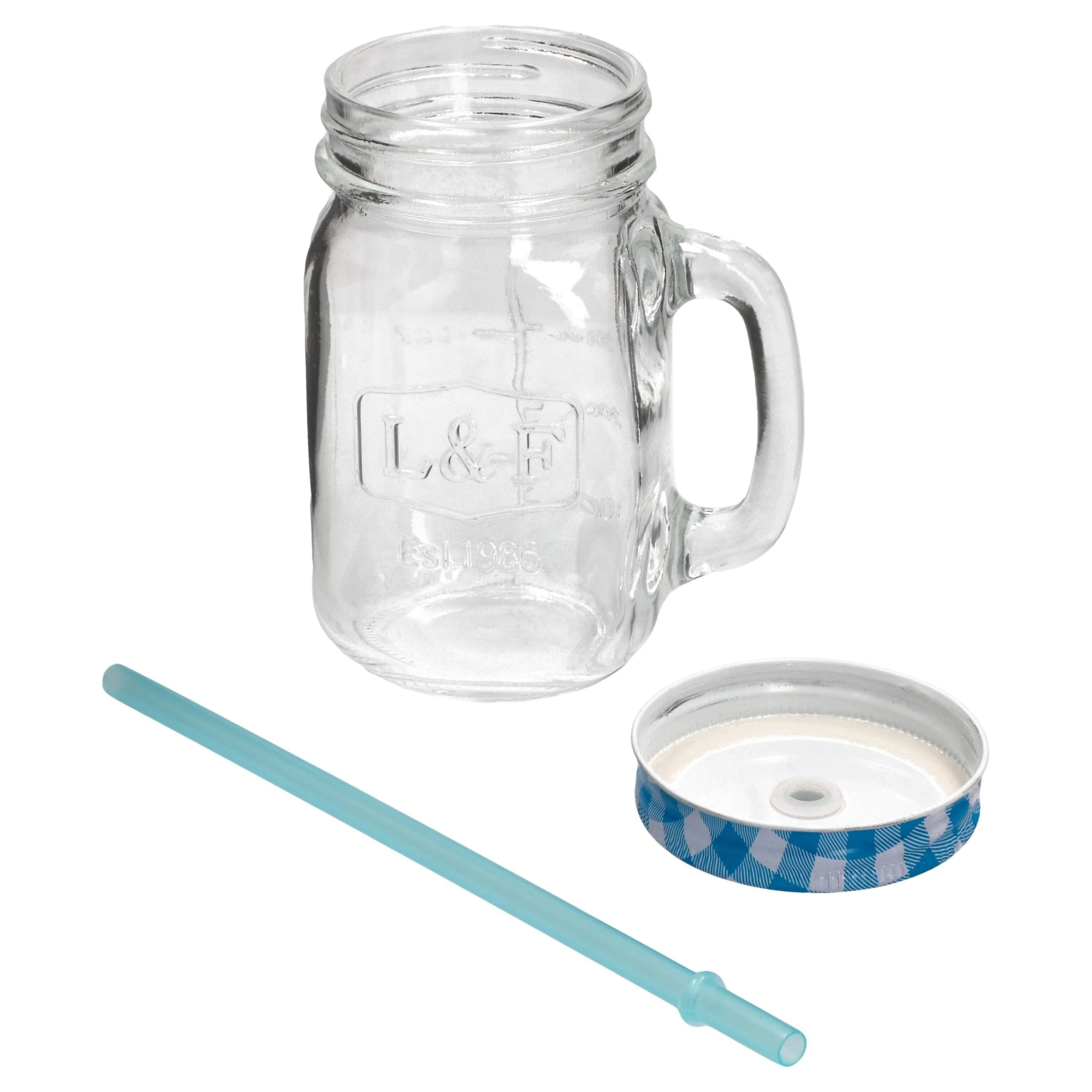Null 2er Set Glasbecher Mit Henkel, Deckel Und Trinkhalm Inkl. Rezeptheft - Blau Kariert - 0,5 Liter Trinkbecher / Trinkglas Mit Relief â Bild 7